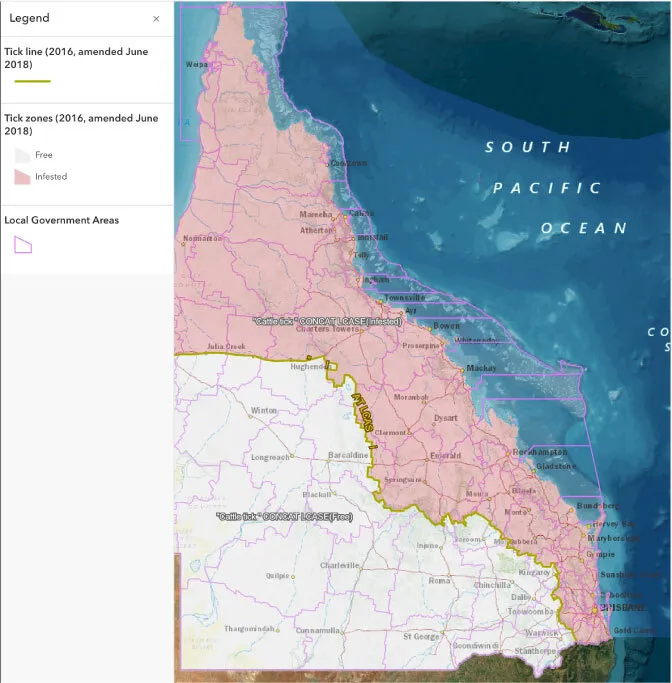 Location of the Queensland Tick Line separating the tick-infested zone (pink) from the tick-free zone (white).